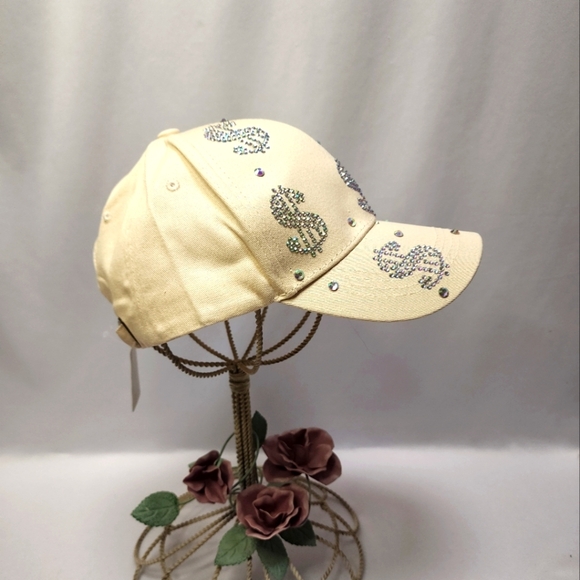 Aroura Borealis Rhinestone Dollar Sign Beige Baseball Cap - Picture 6 of 14